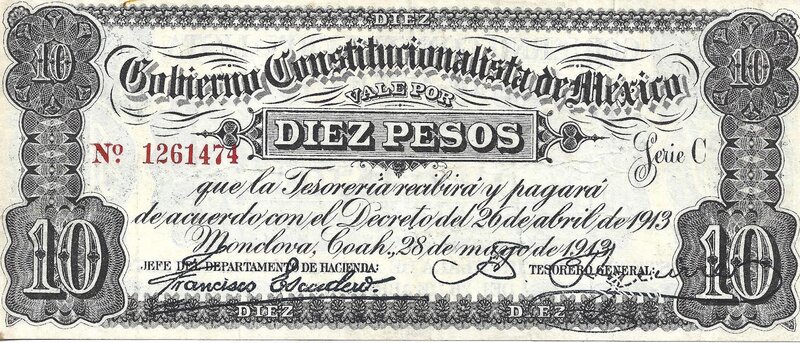 10 PESOS GOBIERNO CONSTITUCIONALISTA DE MEXICO (1913)
