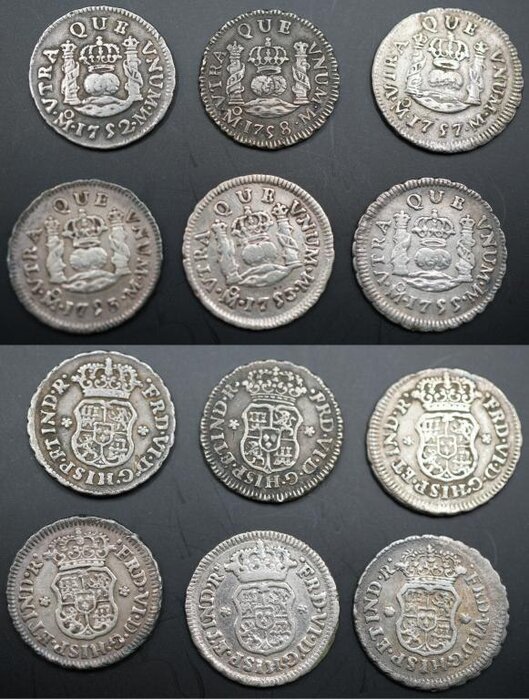 LOTE DE 6 PIEZAS DE 1/2 REAL (1752 a 1758)