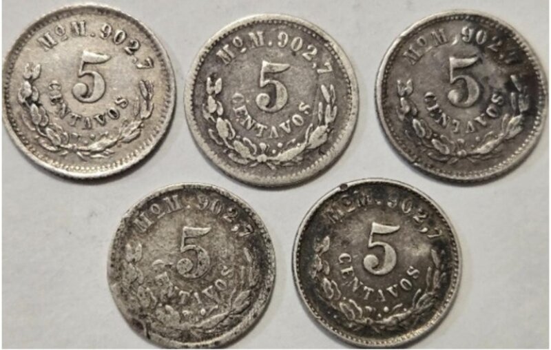 LOTE DE 5 PIEZAS DE 5 CENTAVOS (1888-1892-1893-1899-1905)