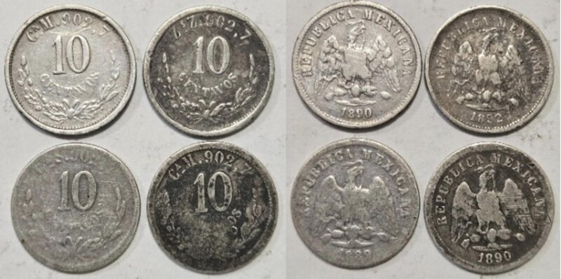 LOTE DE 4 PIEZAS DE 10 CENTAVOS (1890-1890-1889-1892)